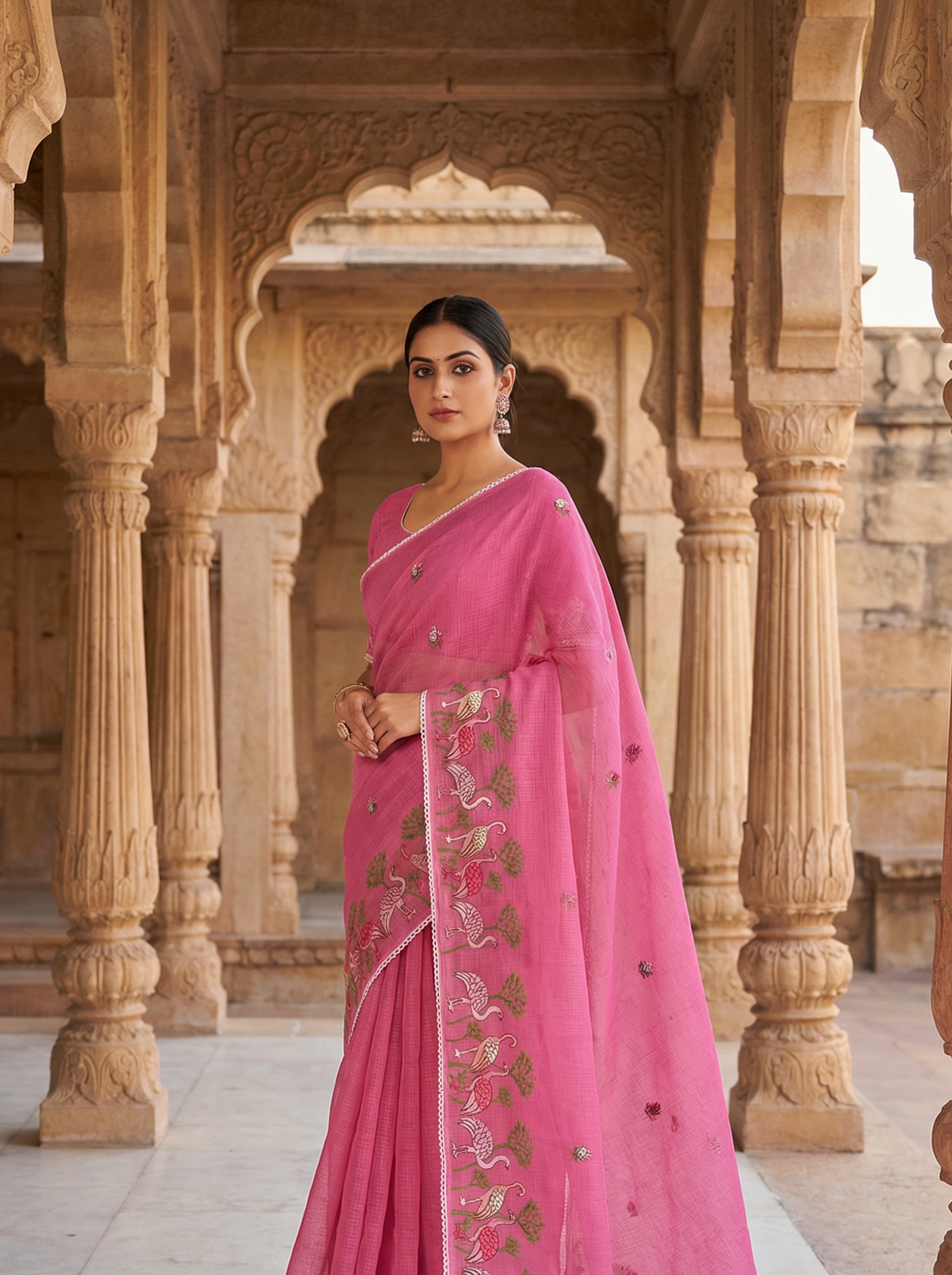 Gulaabo – Soft Pink Embroidered Pure Cotton Kota Doria Saree