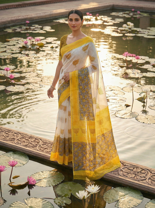 Surya Kamal - Pure Cotton Kota Doria Handblock Lotus Pattern