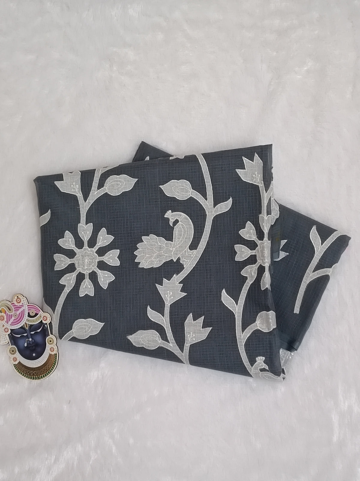 Ashra Grey - Pure Cotton Kota Doria Applique Work Saree