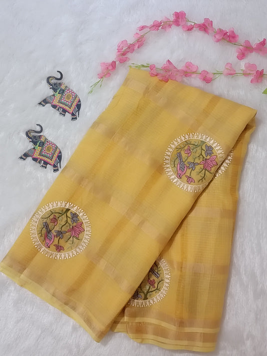 Swarna - Gharchola Embroidered Yellow Cotton Kota Doria Saree