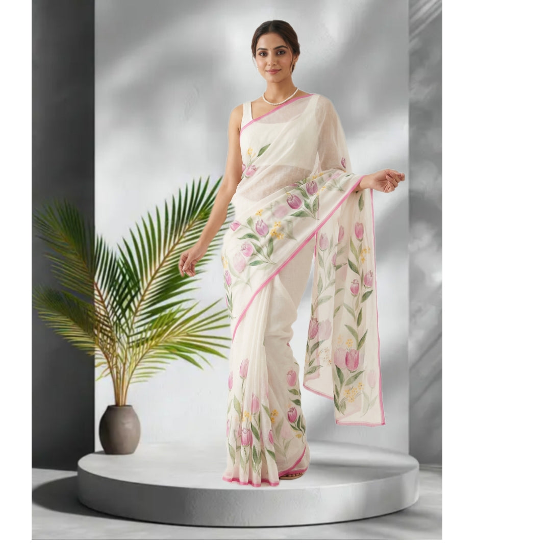Phulwari – Hand-Painted Pure Cotton Kota Doria Saree with Pink Border