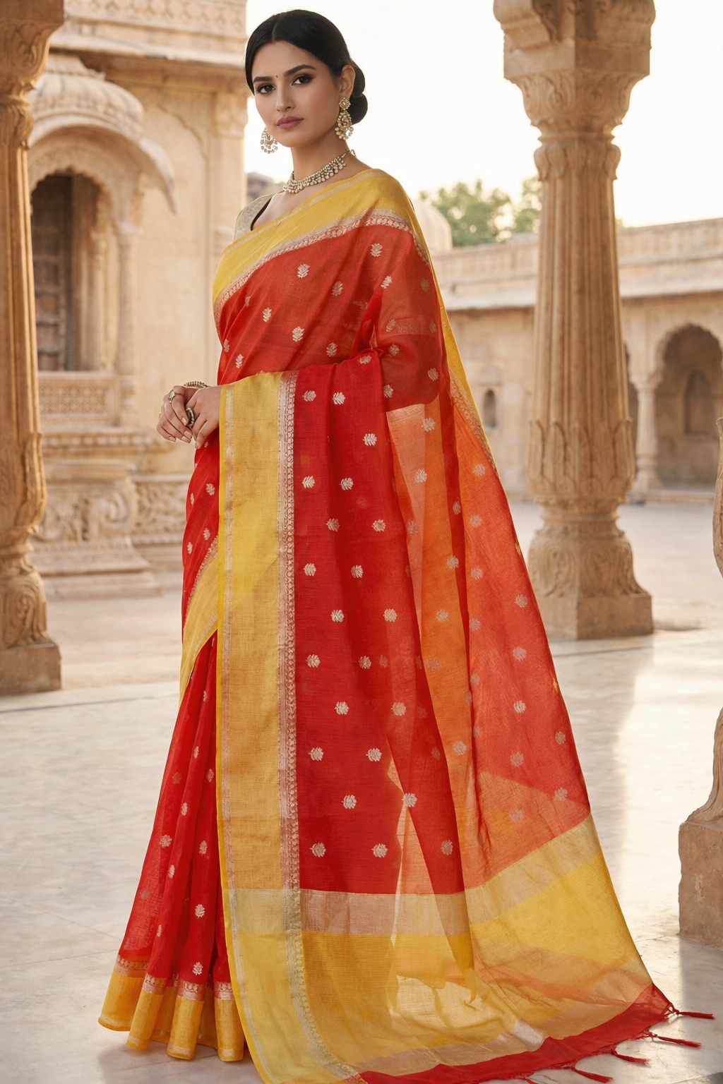 Sindoori Basant - Red and Yellow shade Butti with gap border Pure Cotton Kota Doria Saree