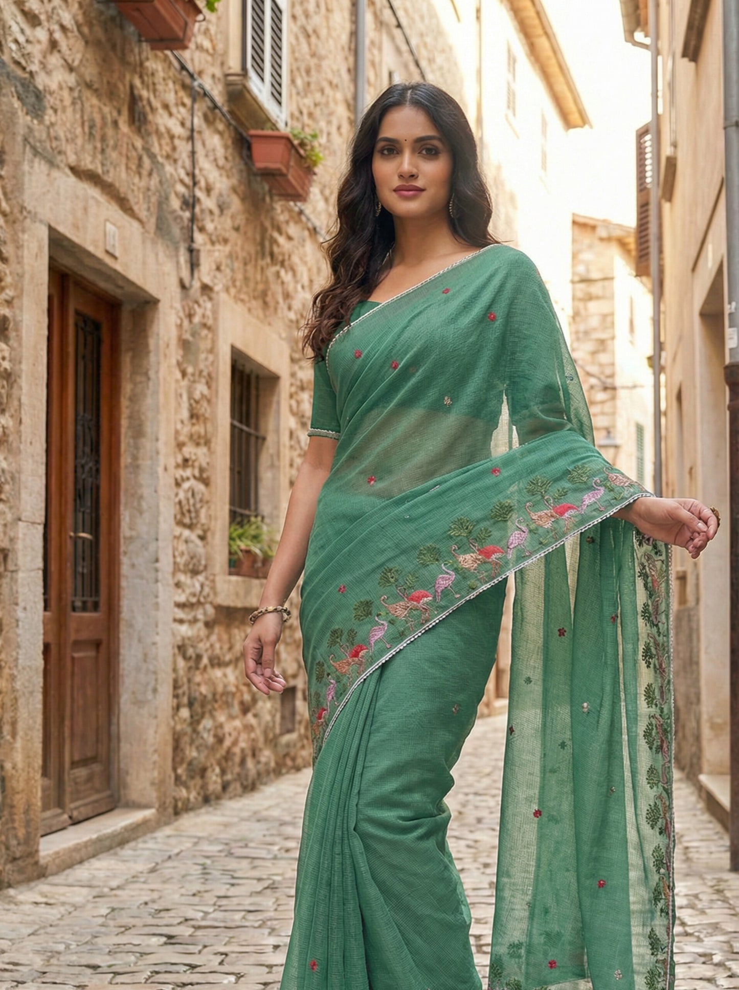 Woman in a green saree standing in a narrow street with stone walls.