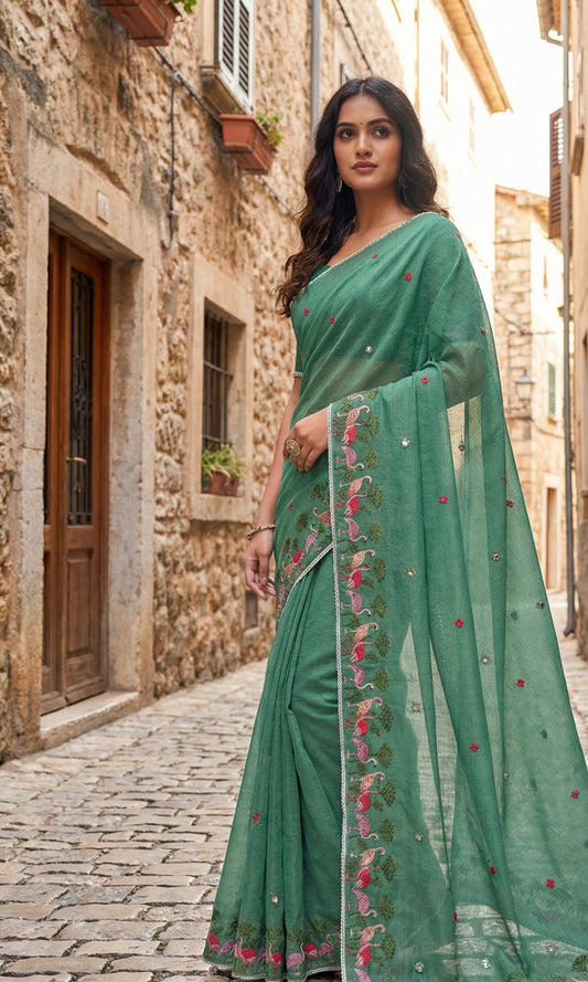 Hansini - Mint Green Kota Doria Cotton Embroidered Saree