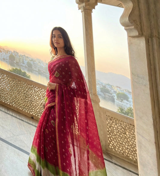 Gulrang – Bandhani and Shibori Pure Cotton Kota Doria Saree