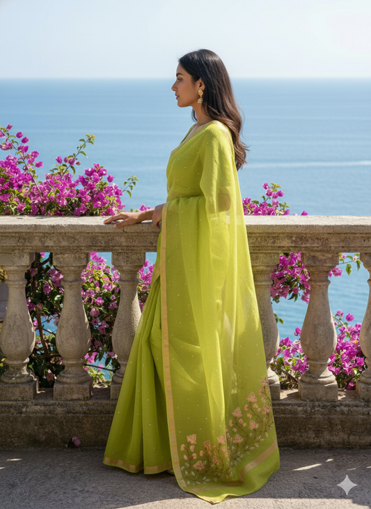 Harit Abha - Pure Cotton Kota Doria Embroidered Saree with Hand Mirror Work