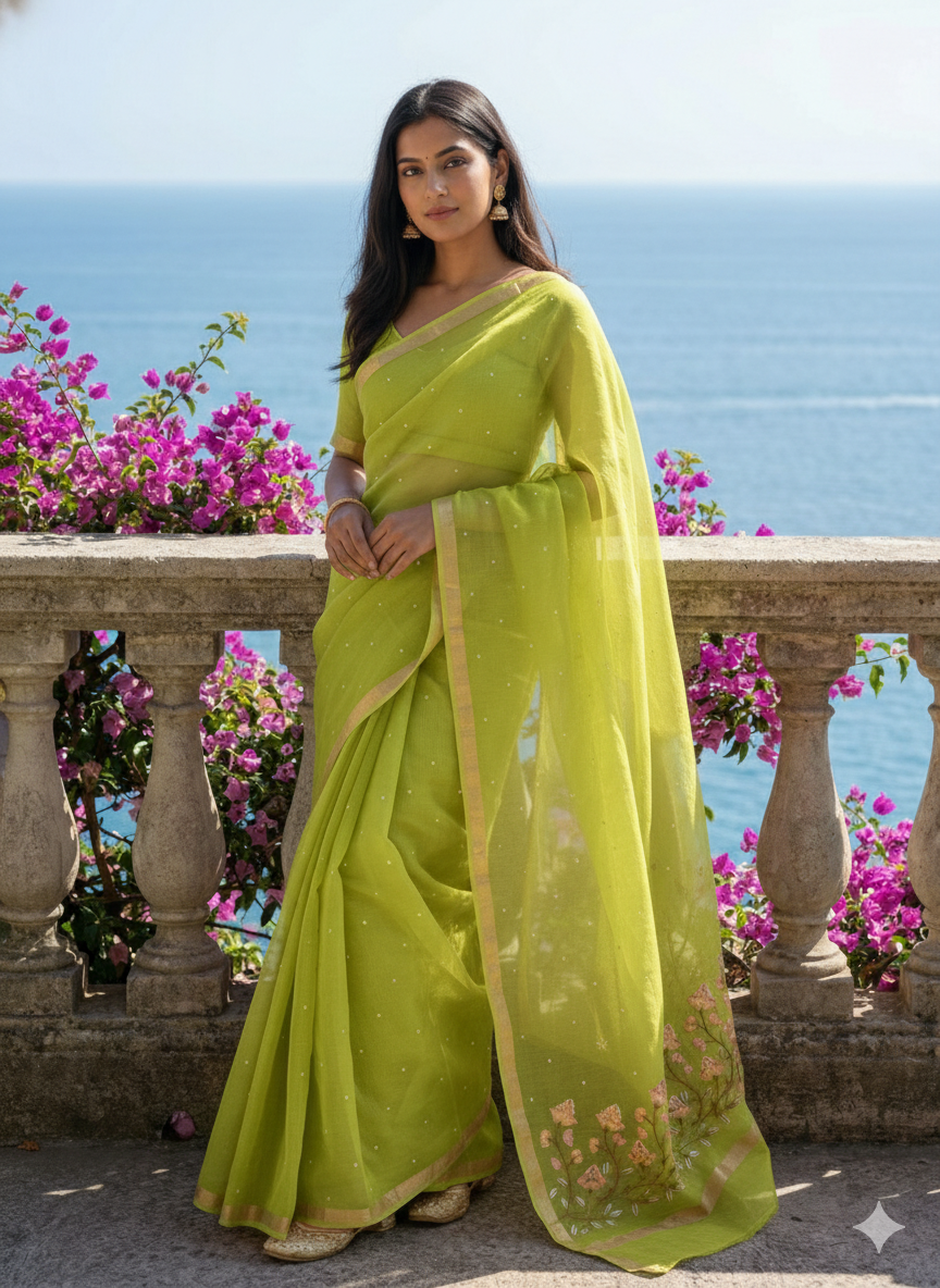 Harit Abha - Pure Cotton Kota Doria Embroidered Saree with Hand Mirror Work