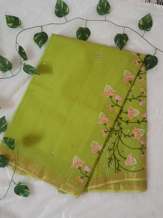 Harit Abha - Pure Cotton Kota Doria Embroidered Saree with Hand Mirror Work
