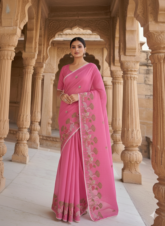 Gulaabo – Soft Pink Embroidered Pure Cotton Kota Doria Saree
