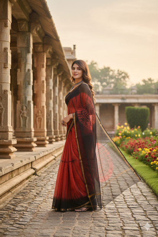 Laalima Pure Cotton Red and Black Shibori Kota Doria Saree