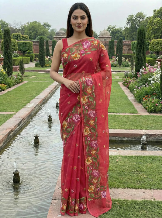 Gulnaar Rose – Dark Carrot Pink Embroidered Pure Cotton Kota Doria Saree with All-Over Butti