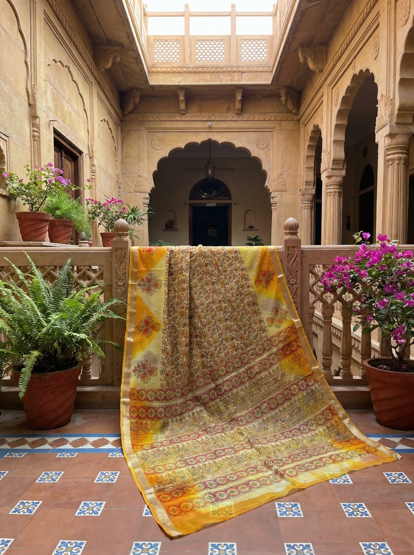 Swarna Phool- Pure Cotton Kota Doria Handblock Saree