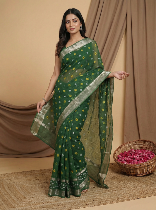 Vasudha Green - Pure Cotton Kota Doria with Bandhani and Zari Border