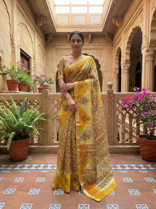 Swarna Phool- Pure Cotton Kota Doria Handblock Saree