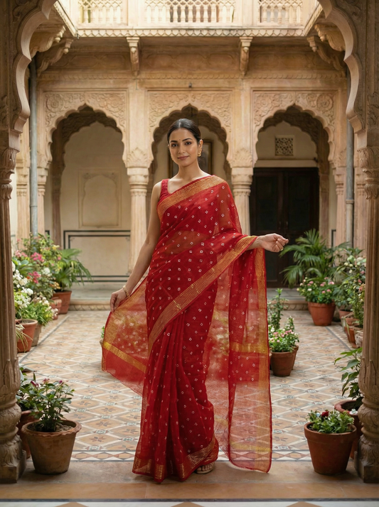 Shubhra - Pure Cotton Kota Doria Zari Lining Bandhani