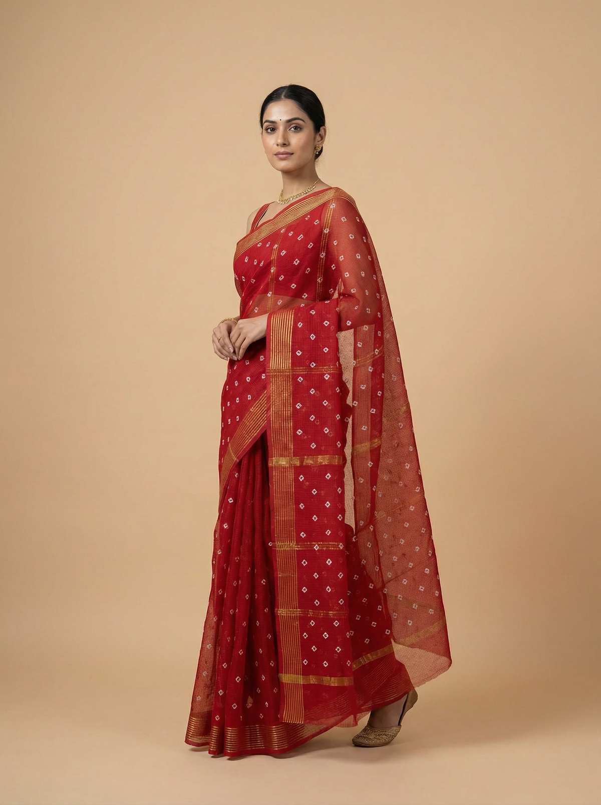 Shubhra - Pure Cotton Kota Doria Zari Lining Bandhani