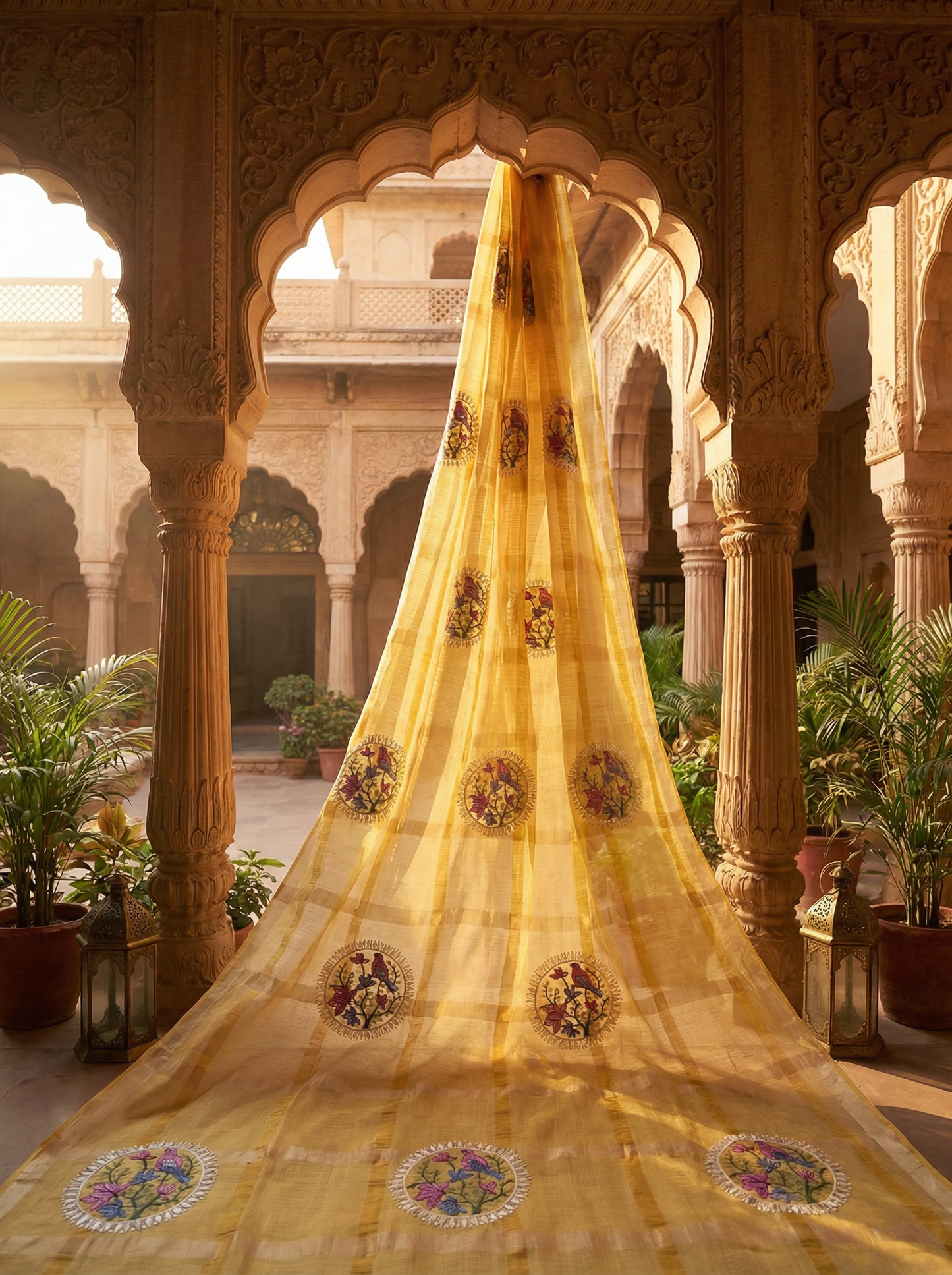 Swarna - Gharchola Embroidered Yellow Cotton Kota Doria Saree