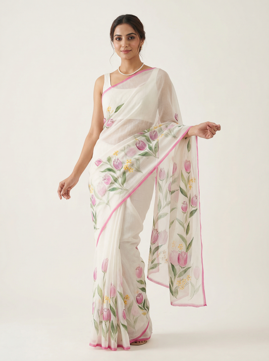 Phulwari – Hand-Painted Pure Cotton Kota Doria Saree with Pink Border