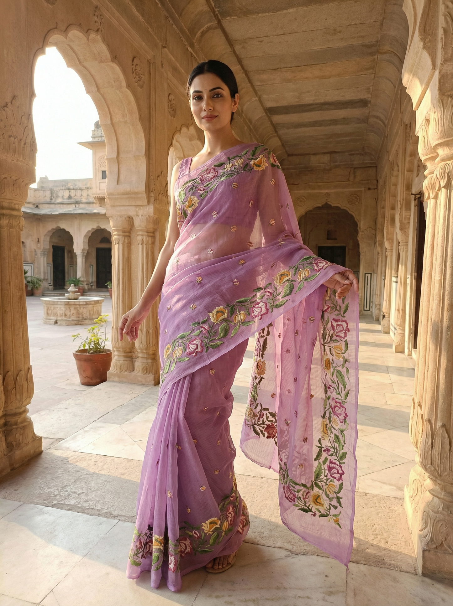 Komalika - Pure Cotton Kota Doria with Floral Embroidery