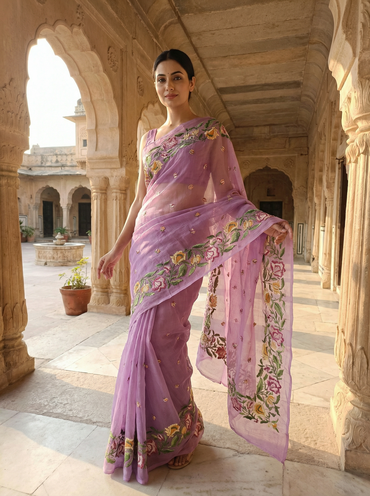 Komalika - Pure Cotton Kota Doria with Floral Embroidery