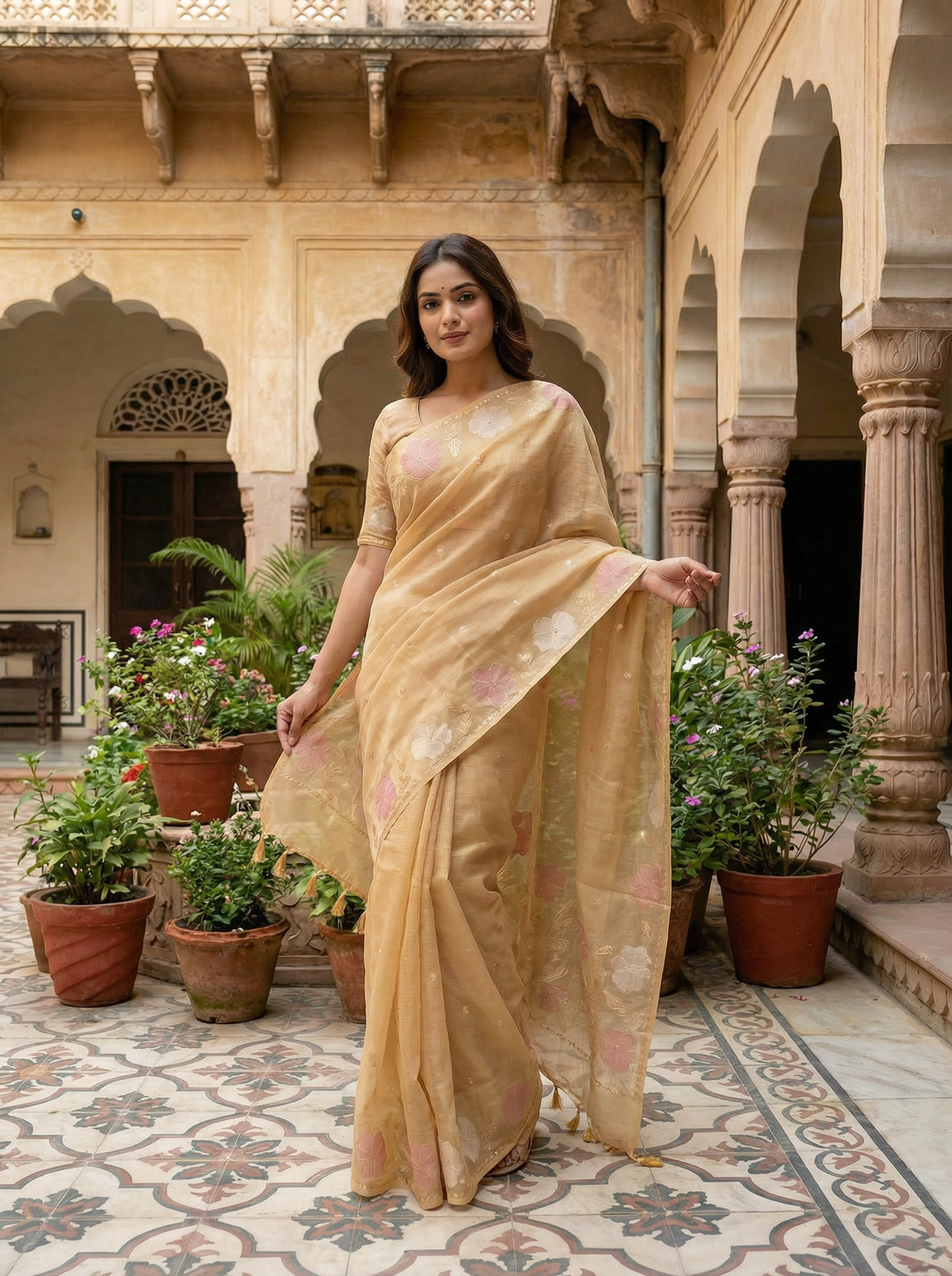 Rajwada Pushp - Pure Cotton Kota Doria Saree with Patch Work Embroidery
