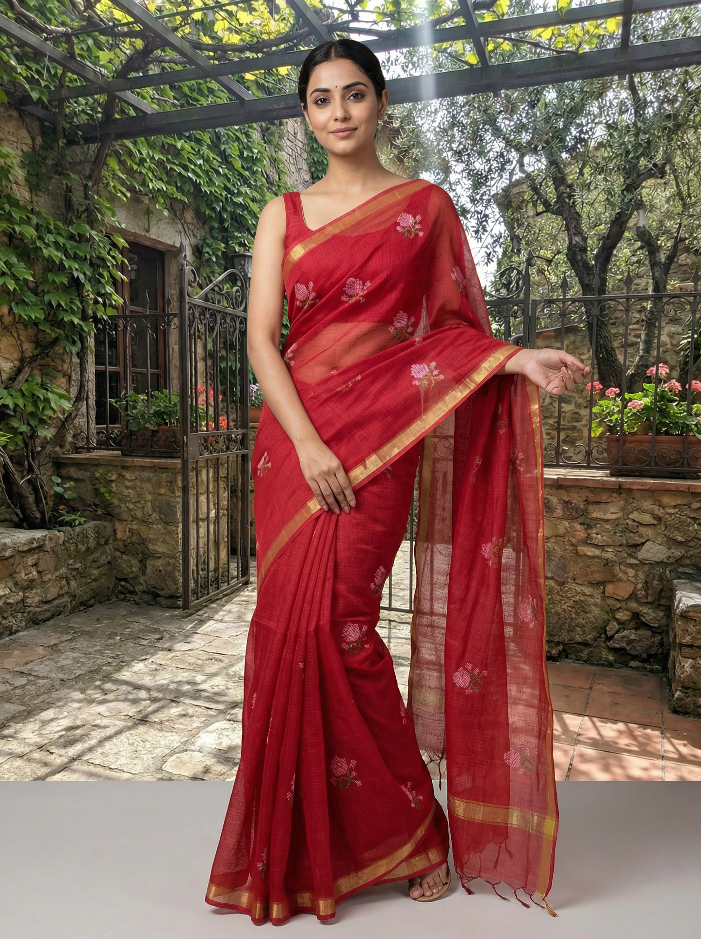 Rangriti - Pure Cotton Kota Doria Saree with Hand Embroidery