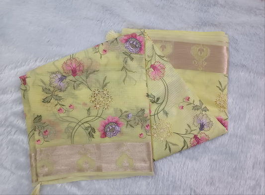 Lemon Gul - Kota Doria Saree with Cutwork and Embroidery