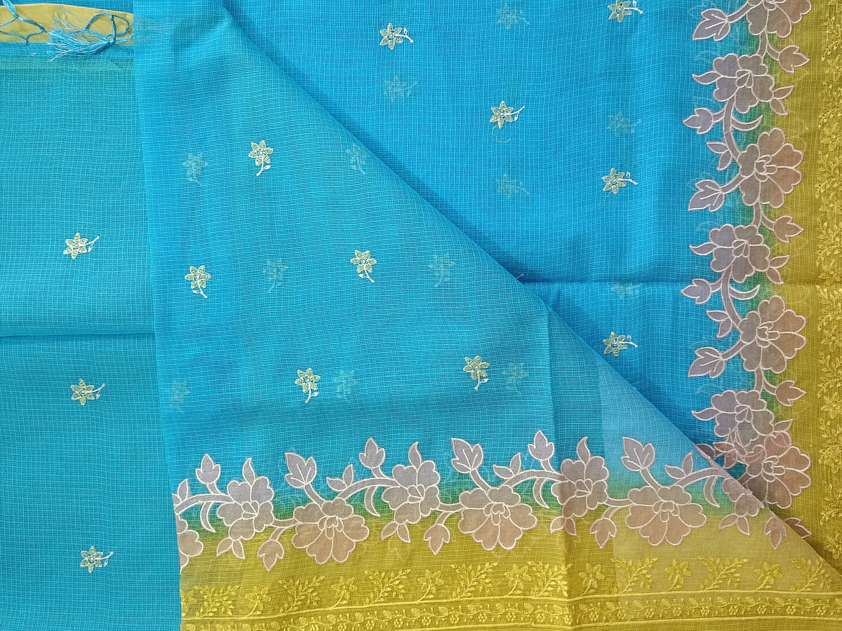 Neel Bahar - Pure Kota Doria Patchwork Embroidered Saree