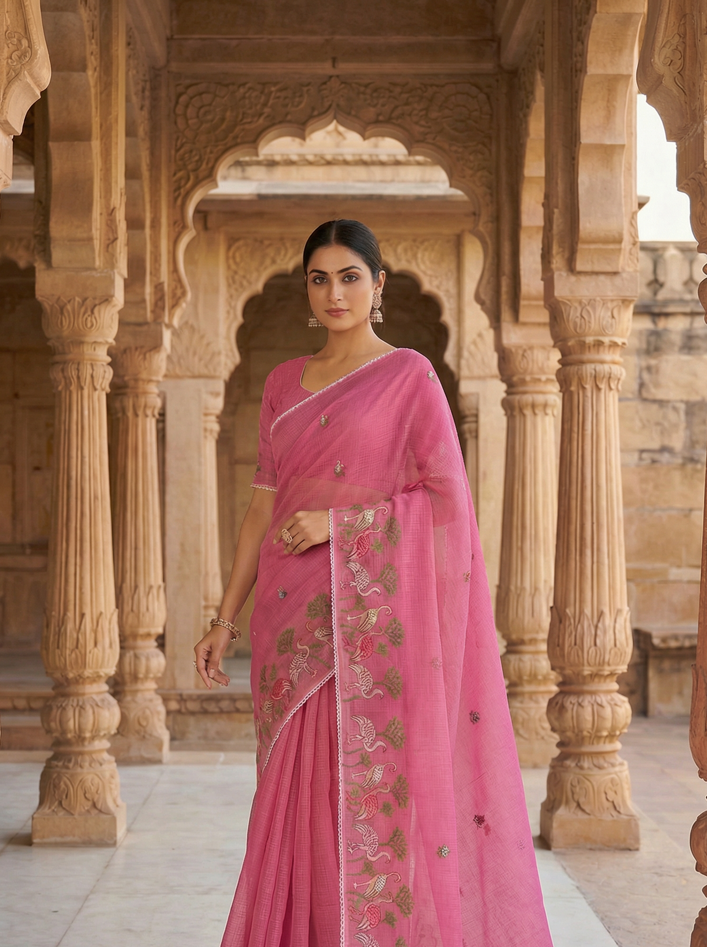 Gulaabo – Soft Pink Embroidered Pure Cotton Kota Doria Saree