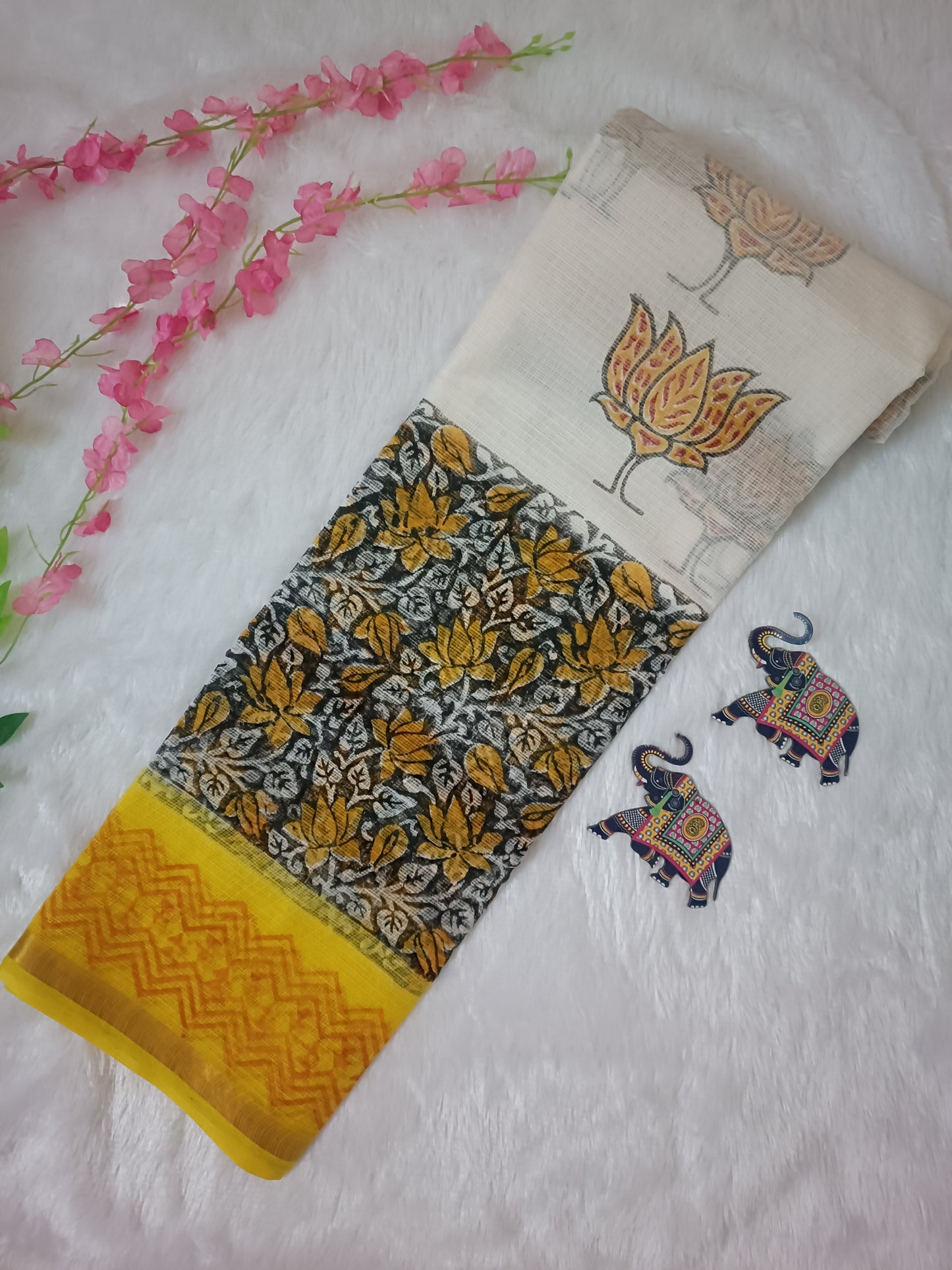 Surya Kamal - Pure Cotton Kota Doria Handblock Lotus Pattern