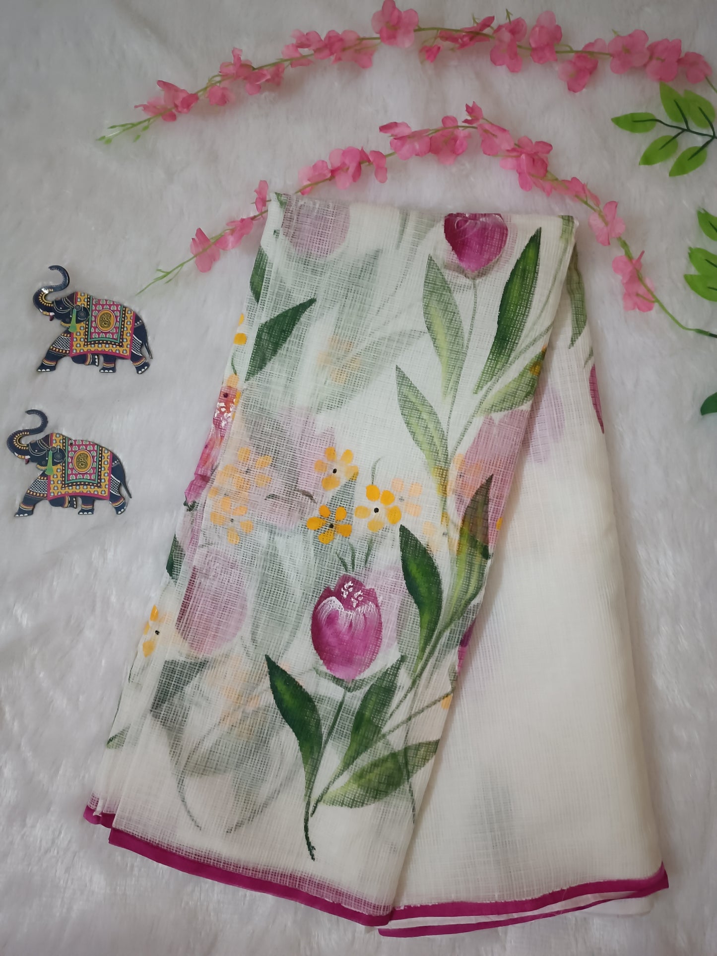 Phulwari – Hand-Painted Pure Cotton Kota Doria Saree with Pink Border