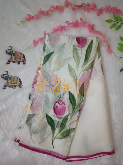 Phulwari – Hand-Painted Pure Cotton Kota Doria Saree with Pink Border