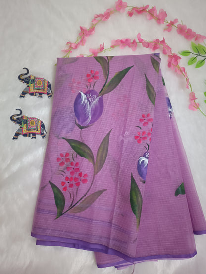 Lavanya Bloom – Lavender Hand-Painted Pure Cotton Kota Doria Saree