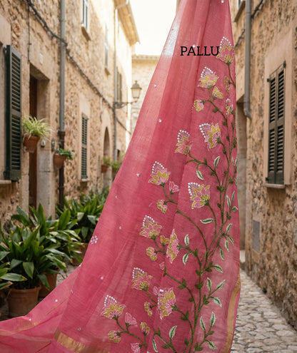 Gulabi Noor - Pure Cotton Kota Doria Embroidered Saree with Hand Mirror Work