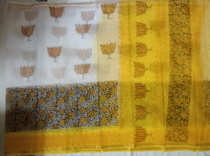 Surya Kamal - Pure Cotton Kota Doria Handblock Lotus Pattern