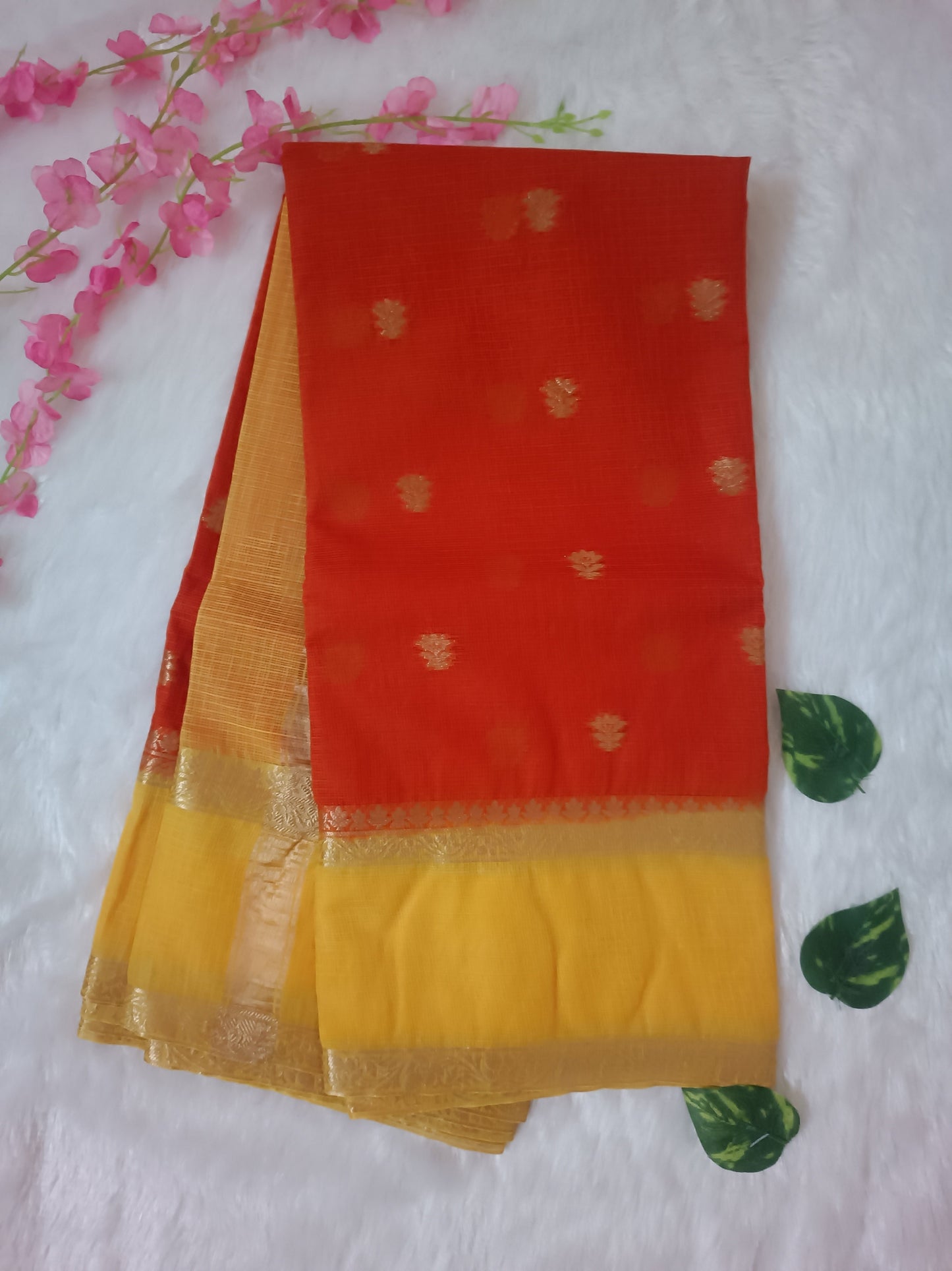 Sindoori Basant - Red and Yellow shade Butti with gap border Pure Cotton Kota Doria Saree