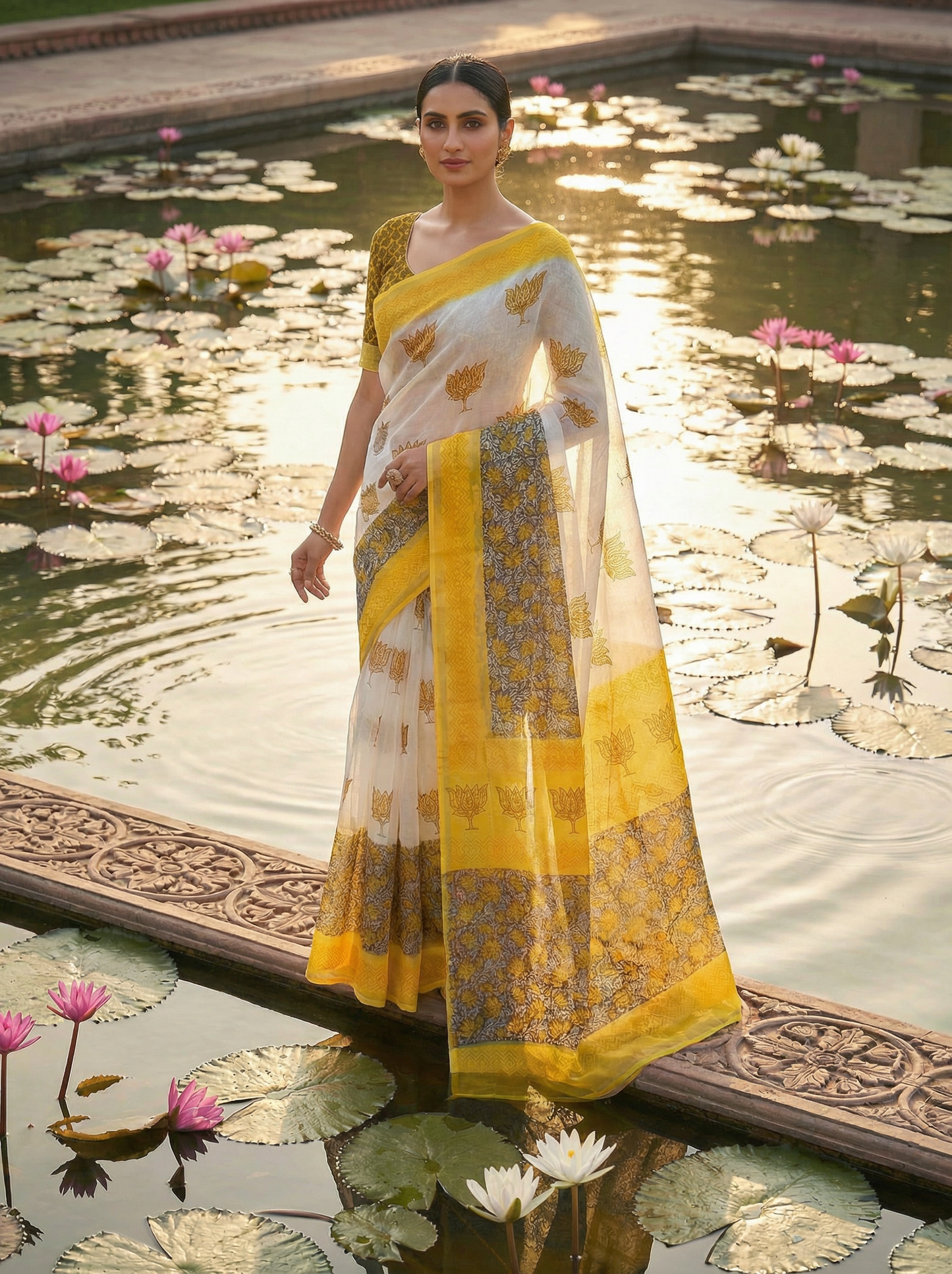 Surya Kamal - Pure Cotton Kota Doria Handblock Lotus Pattern