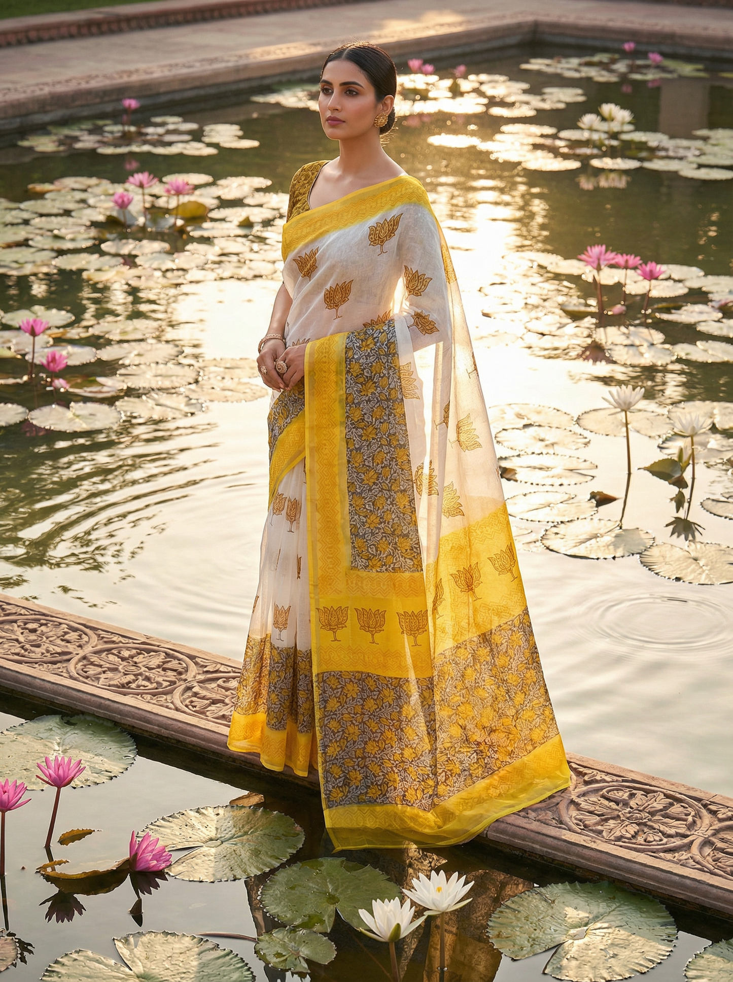 Surya Kamal - Pure Cotton Kota Doria Handblock Lotus Pattern