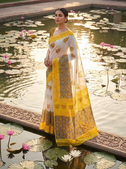 Surya Kamal - Pure Cotton Kota Doria Handblock Lotus Pattern
