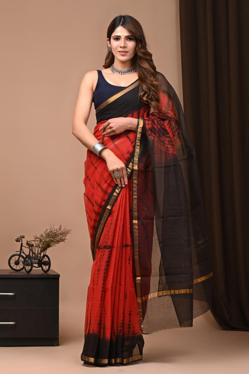 Laalima Pure Cotton Red and Black Shibori Kota Doria Saree