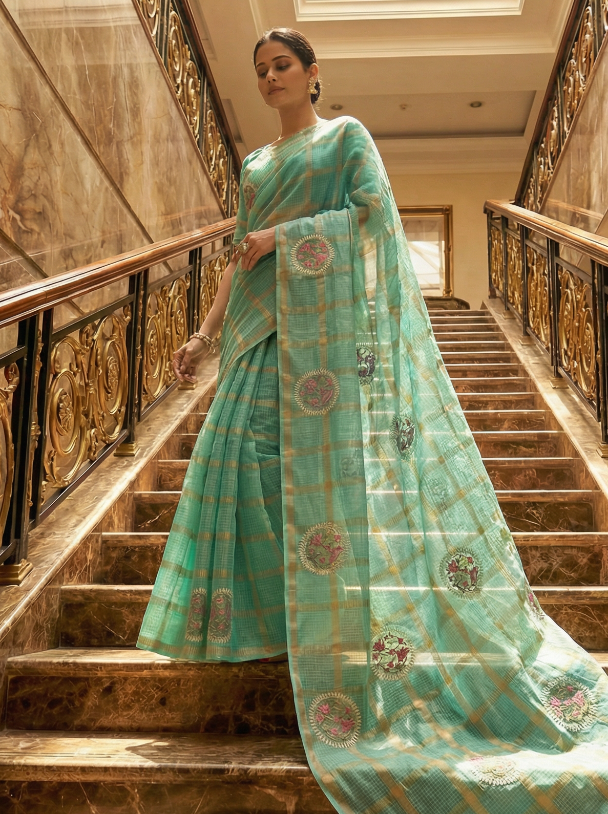 Woman in a light blue saree standing on a grand staircase with ornate railings.