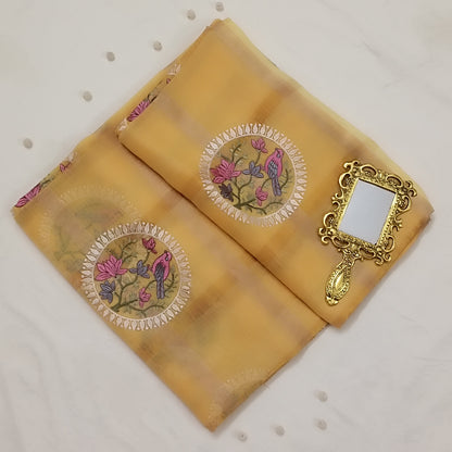 Swarna - Gharchola Embroidered Yellow Cotton Kota Doria Saree