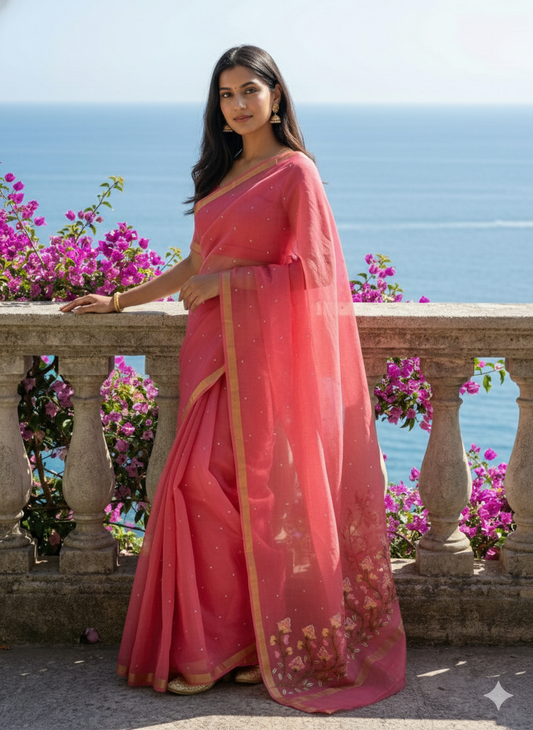 Gulabi Noor - Pure Cotton Kota Doria Embroidered Saree with Hand Mirror Work