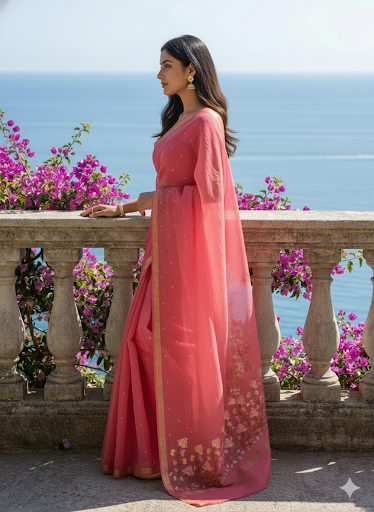 Gulabi Noor - Pure Cotton Kota Doria Embroidered Saree with Hand Mirror Work