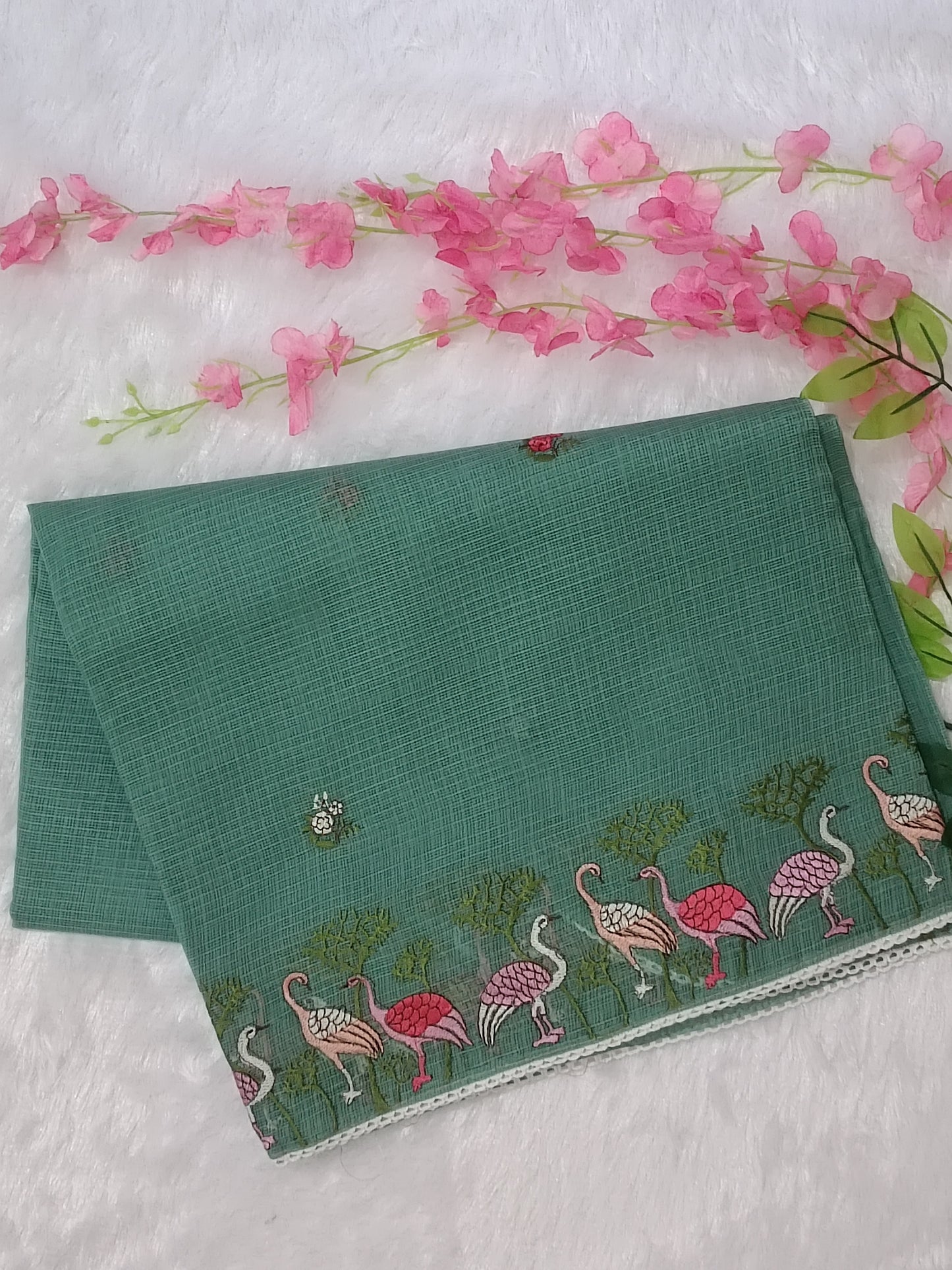 Hansini - Mint Green Kota Doria Cotton Embroidered Saree