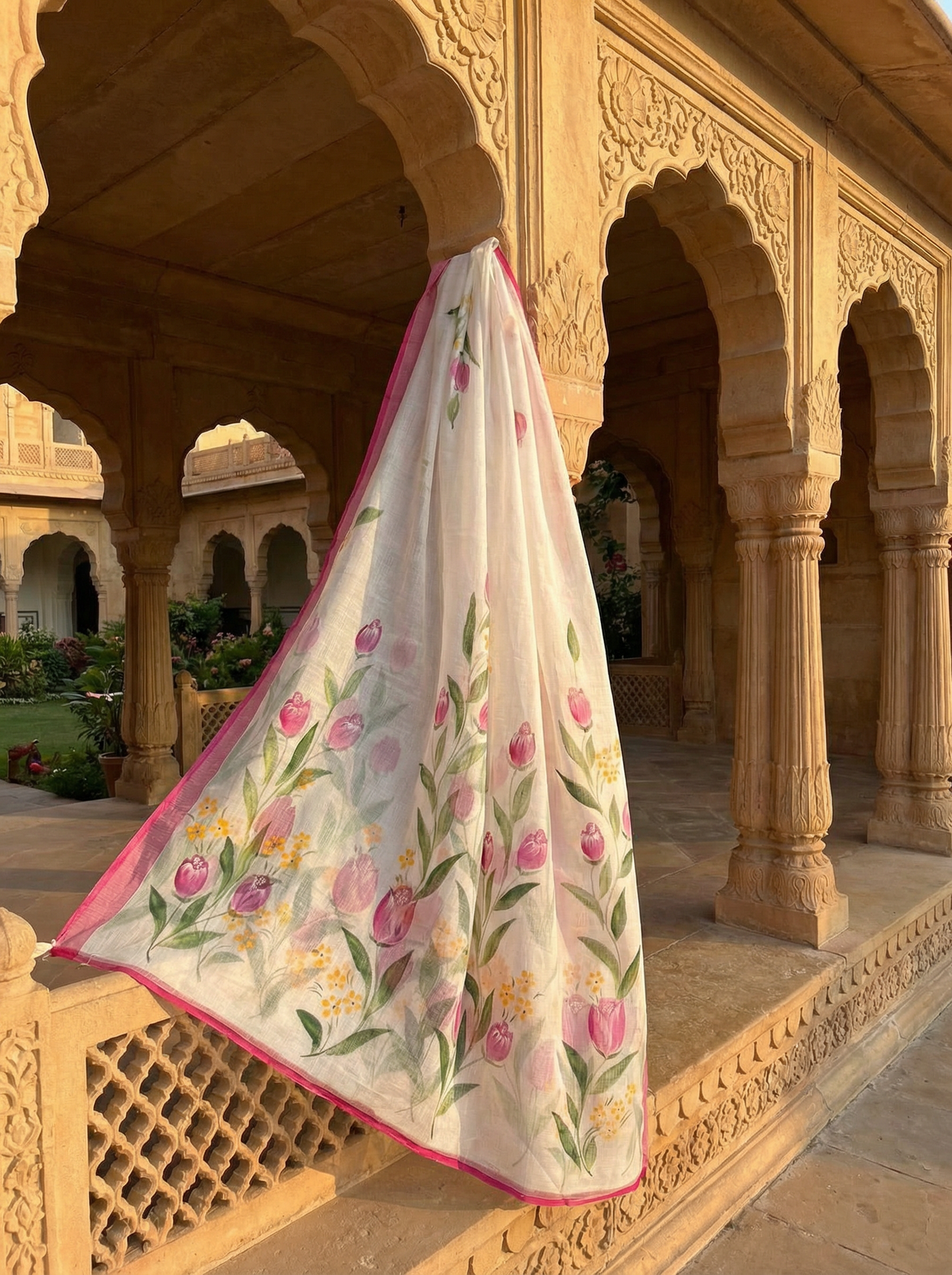 Phulwari – Hand-Painted Pure Cotton Kota Doria Saree with Pink Border