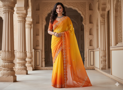 Woman in a yellow and orange saree standing in an architectural setting