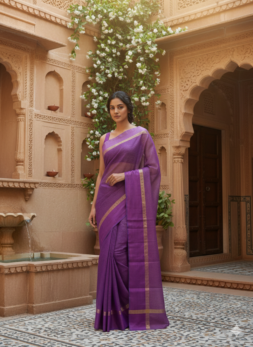 Royal Plum - Pure Silk Zari Lining Kota Doria Saree