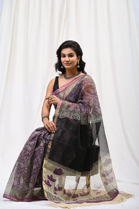 Rajnigandha-Handblock Pure Cotton Kota Doria Saree
