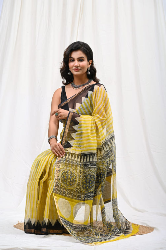 Sunshine - Handblock Kota Doria Saree